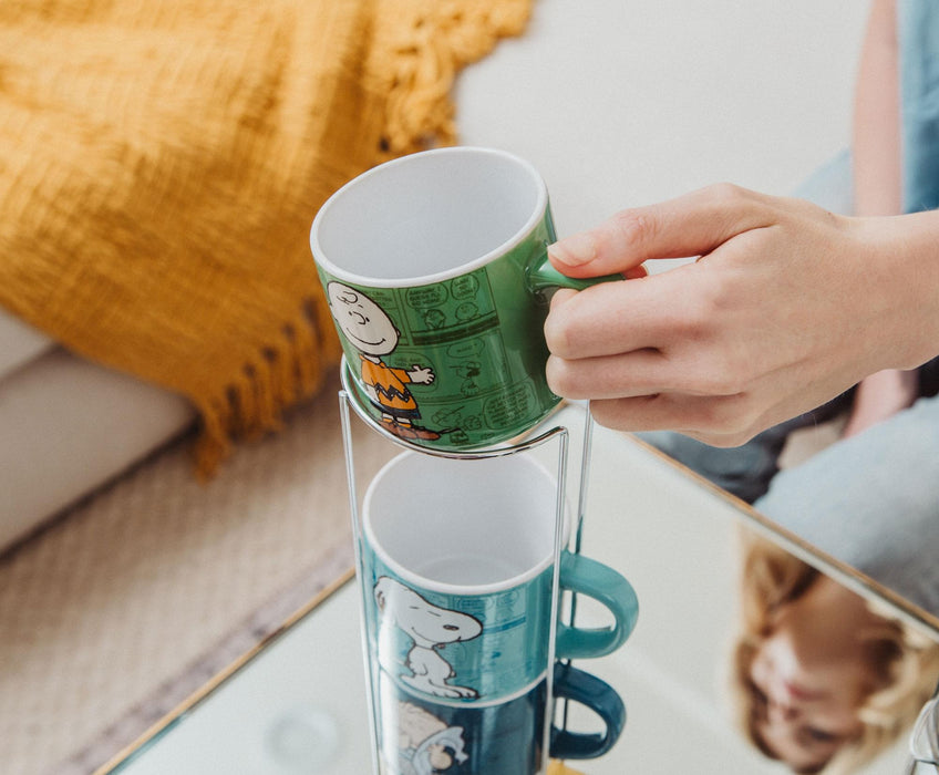Peanuts Characters Ceramic Stacking Mug Set With Rack | Each Holds 10 Ounces