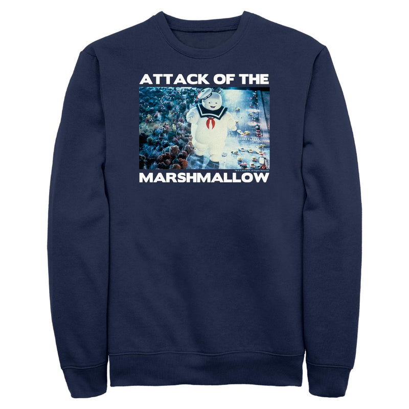 Navy sweatshirt featuring Stay Puft Marshmallow Man with the text 'ATTACK OF THE MARSHMALLOW' in white above and below