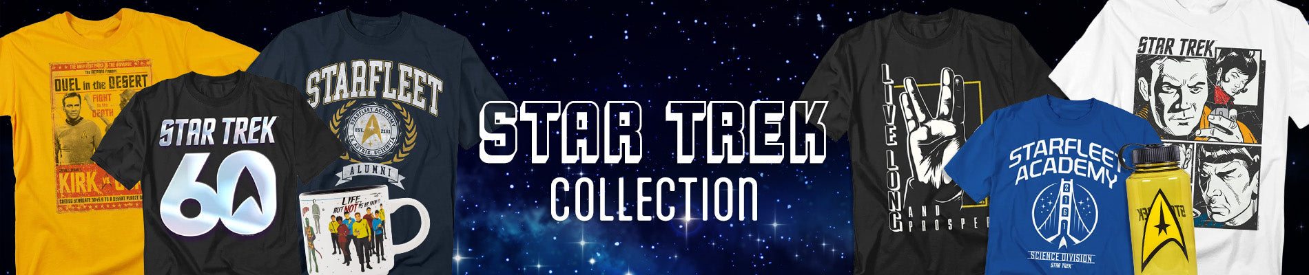 A promotional banner for a Star Trek collection featuring multiple t-shirts. The center has a large white text overlay reading 'STAR TREK COLLECTION' on a dark starry background, flanked by shirts in yellow, black, and blue, each displaying various Star Trek-themed graphics, logos, and illustrations.
