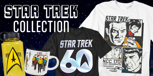 A promotional banner for a Star Trek collection featuring multiple t-shirts. The center has a large white text overlay reading 'STAR TREK COLLECTION' on a dark starry background, flanked by shirts in yellow, black, and blue, each displaying various Star Trek-themed graphics, logos, and illustrations.