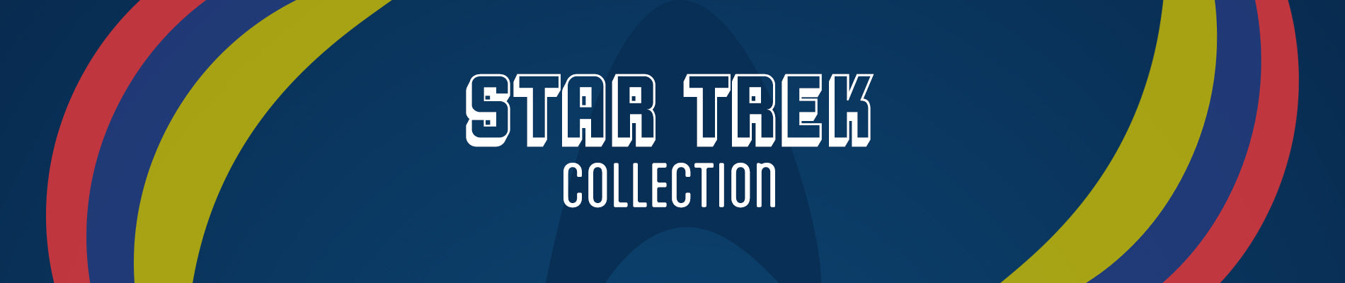 Bold white Star Trek Collection text is centered on a large blue rectangle with yellow and red side details and a single Star Trek logo centered in the background. 