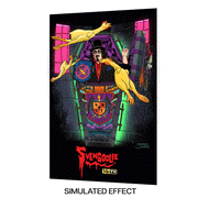 3/4 view of black 3D art print featuring Svengoolie in a coffin with flying chickens, with the text 'Svengoolie' in red below.