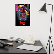 Wall-mounted view of black art print featuring Svengoolie among yellow chickens with the text 'Svengoolie' in red at bottom.