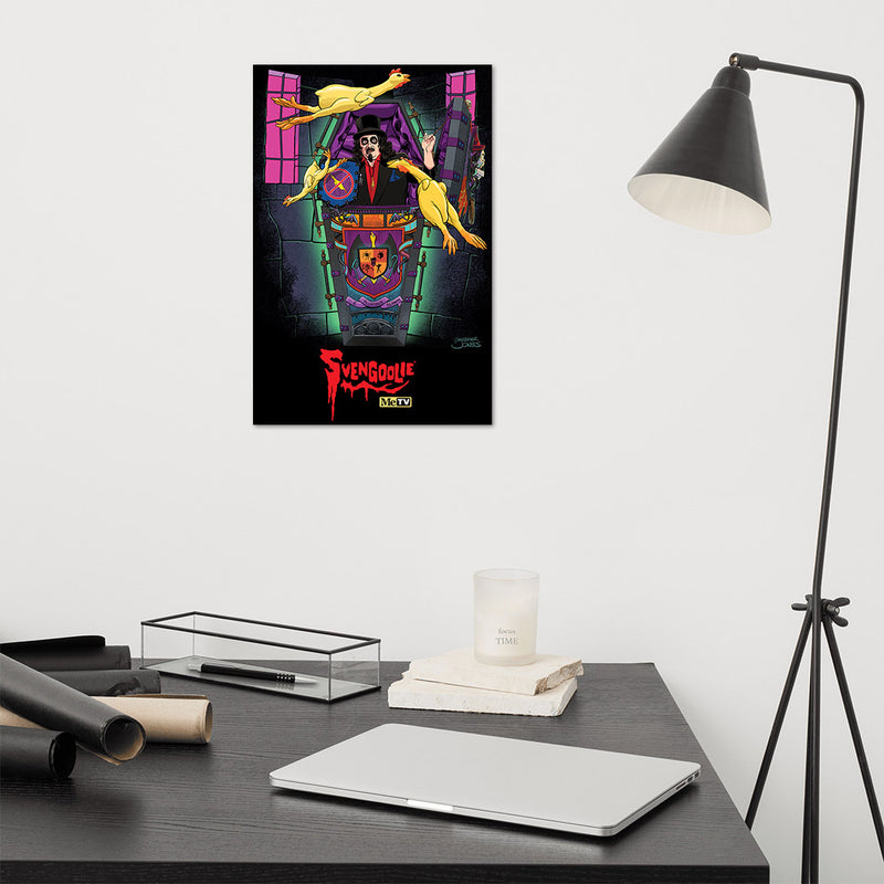 Wall-mounted view of black art print featuring Svengoolie among yellow chickens with the text 'Svengoolie' in red at bottom.