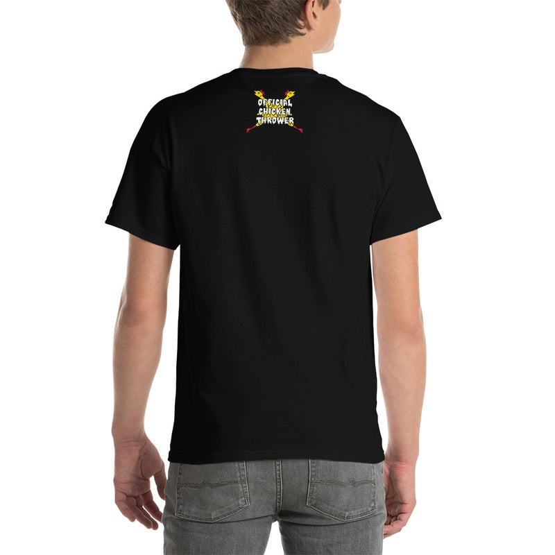 Back view of model wearing black short-sleeved t-shirt featuring crossed yellow rubber chickens with the text 'OFFICIAL CHICKEN THROWER' in white on the upper back.
