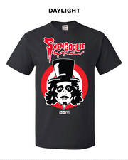 Animated black short-sleeved t-shirt featuring the Svengoolie face logo in a red circle with the text 'Svengoolie' in red above it and the MeTV logo below.