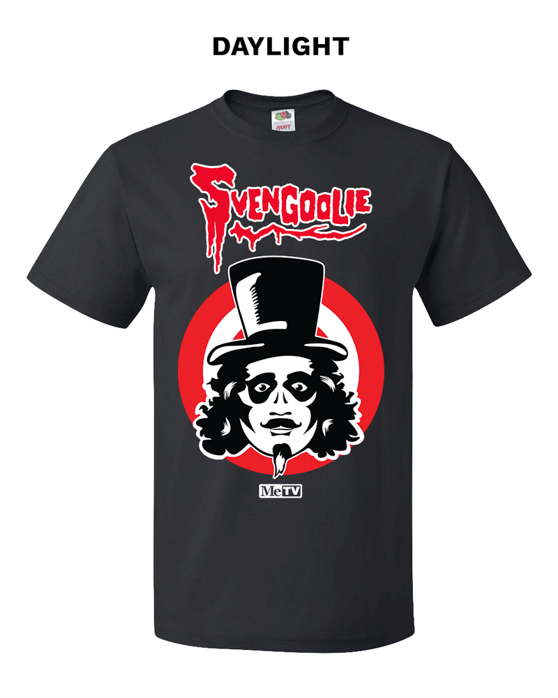 Animated black short-sleeved t-shirt featuring the Svengoolie face logo in a red circle with the text 'Svengoolie' in red above it and the MeTV logo below.