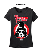 Black women's fitted short-sleeved t-shirt featuring the Svengoolie face logo in a red circle with the text 'Svengoolie' in red above it and a small MeTV logo below.