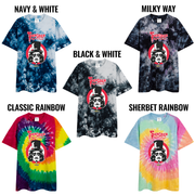 5 different tie-dye color unisex shirts with Svengoolie script logo above his face illustration on red and white target rings