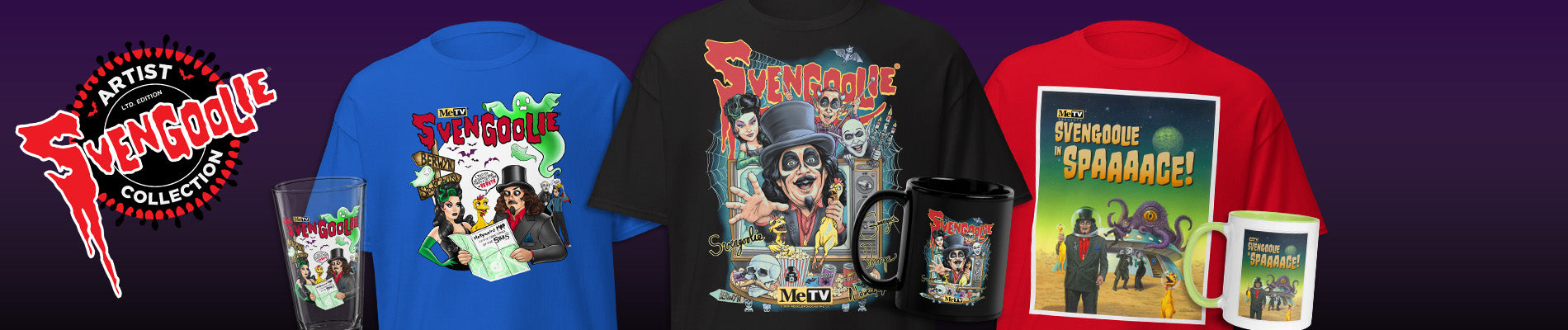 Banner image of black, blue and red shirts featuring illustrations of Svengoolie, mugs and Artist Collection Logo