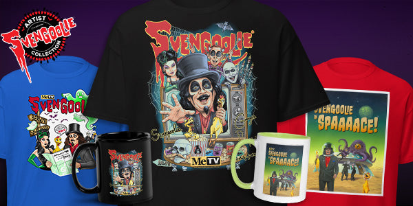 Small Banner image of black, blue and red shirts featuring illustrations of Svengoolie, mugs and Artist Collection Logo