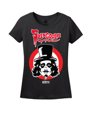 Black short-sleeved women's t-shirt featuring the Svengoolie face logo in a red and white circle with the text 'Svengoolie' in red above it and the 'MeTV' logo below.
