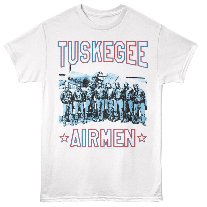White short-sleeved t-shirt featuring a blue photo of Tuskegee Airmen by a plane with the text 'TUSKEGEE' above and 'AIRMEN' below in red.