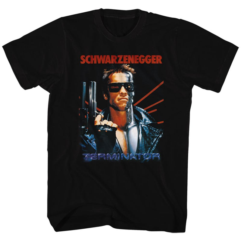 Black short-sleeved t-shirt featuring a Terminator poster of a man in sunglasses aiming a handgun, with the text 'SCHWARZENEGGER' in red above.