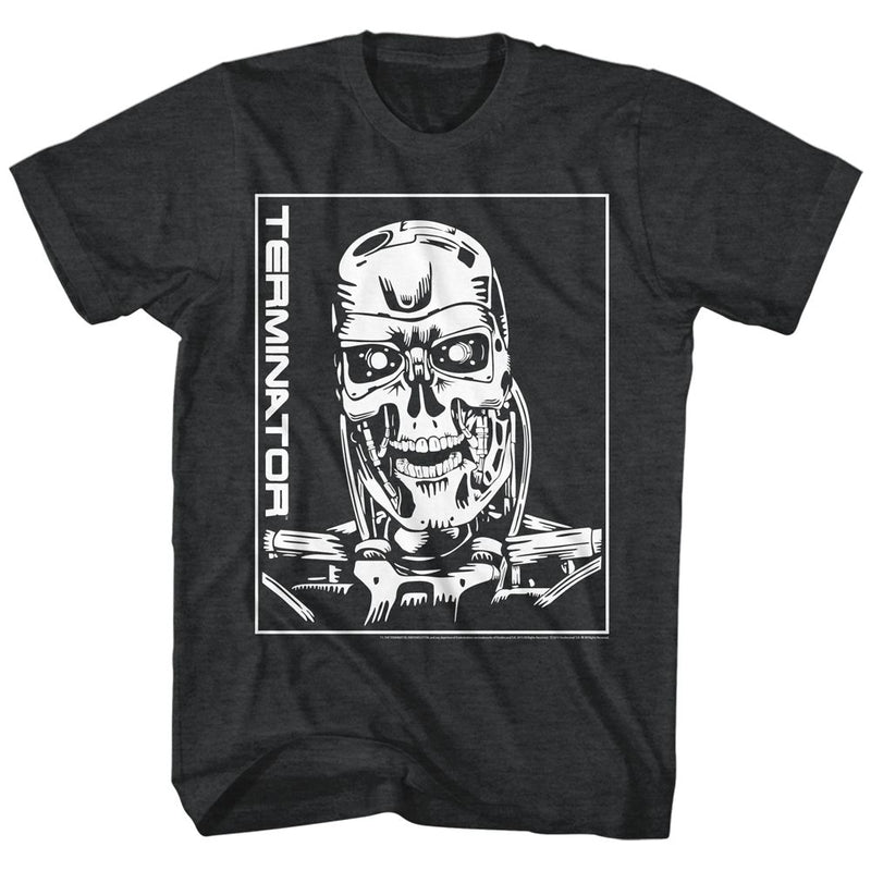 Black heathered short-sleeved t-shirt featuring a white Terminator endoskull with the text 'TERMINATOR' vertically in white.