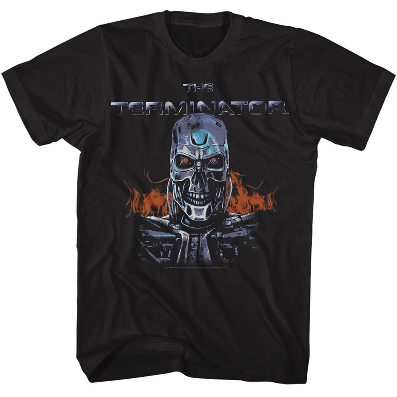 Black t-shirt featuring a chrome Terminator skull with red eyes over orange flames, with the text 'THE TERMINATOR' above.