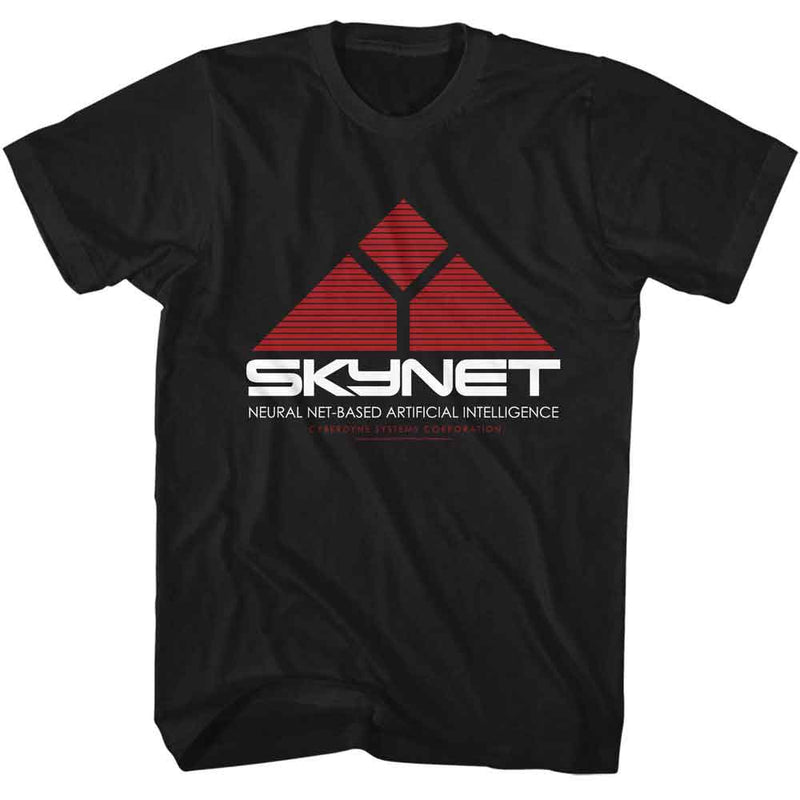 Black short-sleeved t-shirt featuring a red striped triangle Skynet logo with the text 'SKYNET' in white above it.