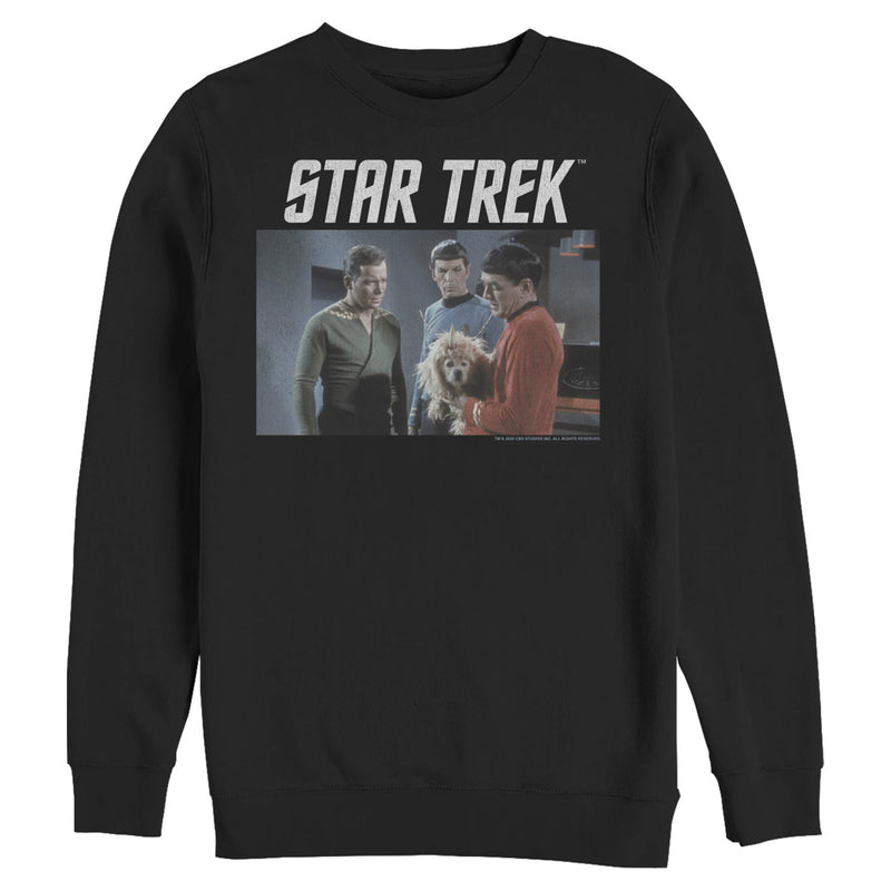 Black sweatshirt featuring a photo of Kirk, Spock, and McCoy with a furry alien dog, with the text 'STAR TREK' in white above it.