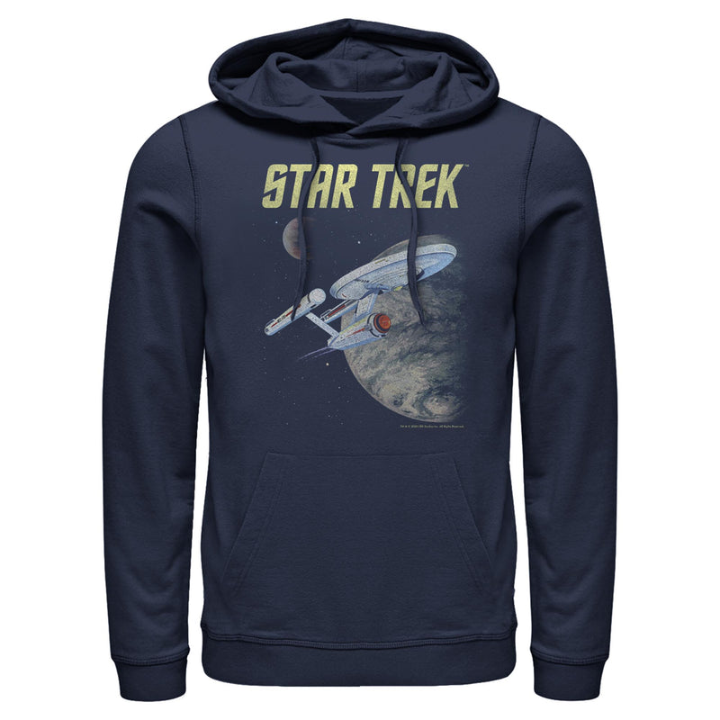 Navy hoodie featuring a starship flying past a cratered moon with the text 'STAR TREK' in pale yellow above it.