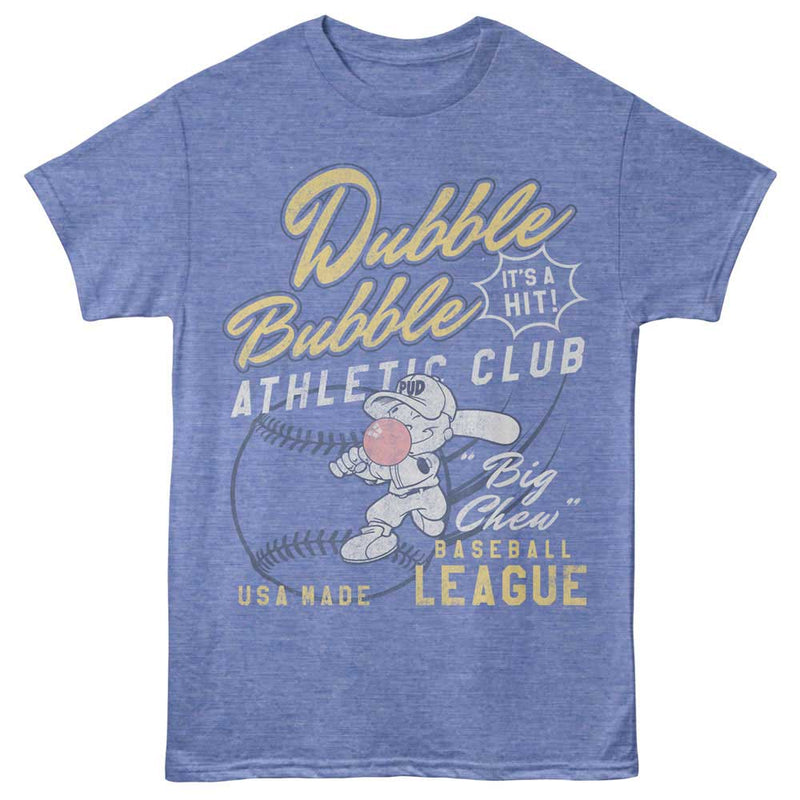 Heather blue short-sleeved t-shirt with a cartoon Dubble Bubble mascot blowing a pink bubble, text 'Dubble Bubble Athletic Club' in yellow.