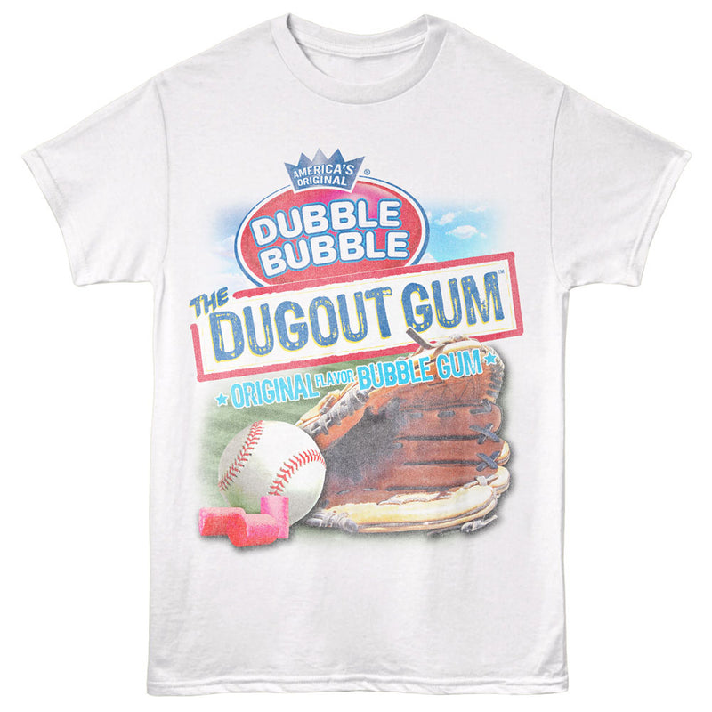 White short-sleeved t-shirt featuring a Dubble Bubble 'The Dugout Gum' graphic with a baseball and glove.