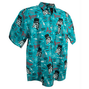 Teal short-sleeved button-up shirt featuring an all-over print of the Svengoolie face in a top hat with the text 'SVENGOOLIE' in red