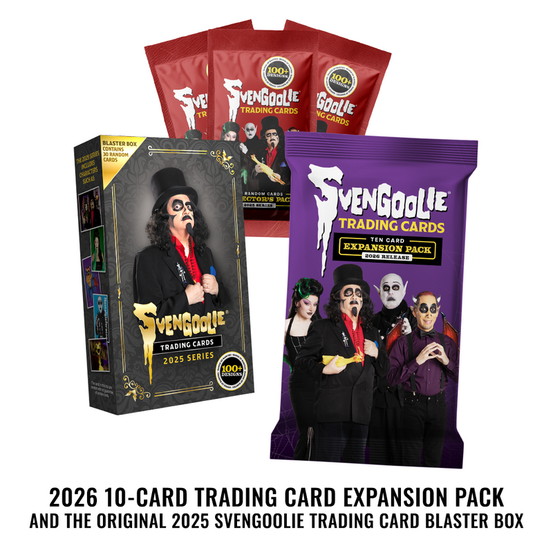 Svengoolie Trading Cards 2026 Series 10-card expansion pack and the original 2025 Svengoolie trading card blister box shown with three red booster packs behind them on a white background.