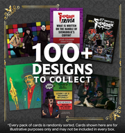 Collage of Svengoolie trading cards in varied designs with the text '100+ DESIGNS TO COLLECT' in white centered across the image.