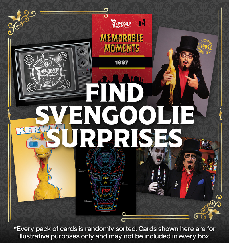 Collage of Svengoolie trading cards and TV graphics with the text 'FIND SVENGOOLIE SURPRISES' in large white letters across the center.