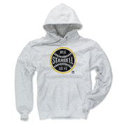 Front of the ash gray Willie Stargell hoodie, showing a lighter color option with the same black baseball logo and gold rim.
