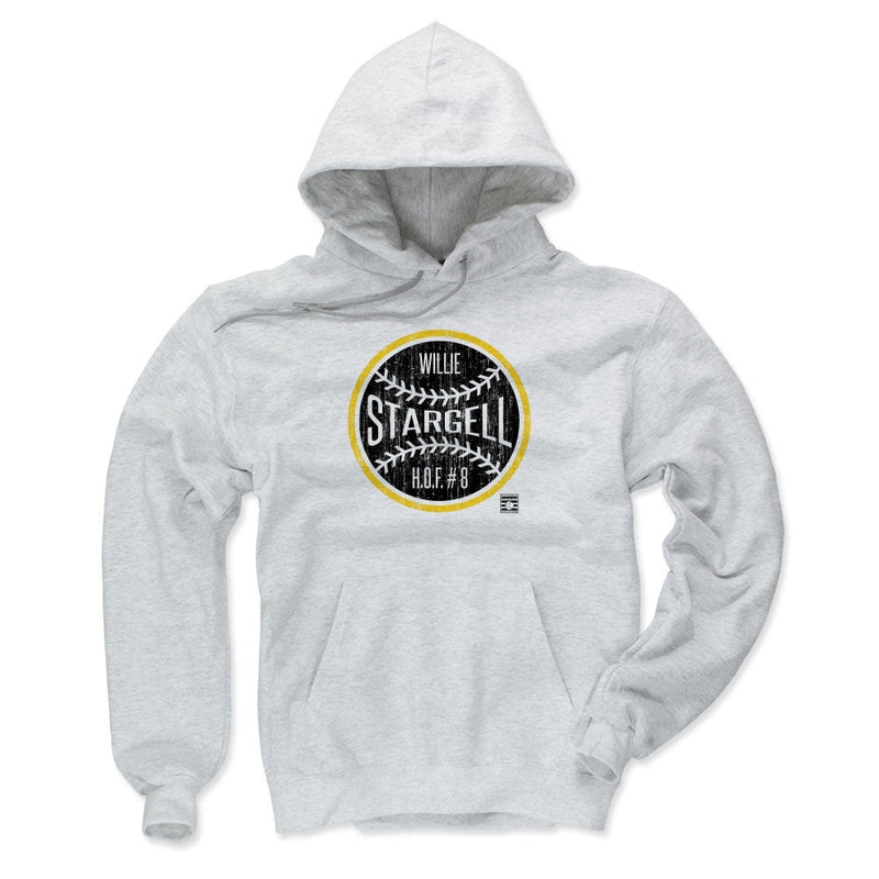 Front of the ash gray Willie Stargell hoodie, showing a lighter color option with the same black baseball logo and gold rim.
