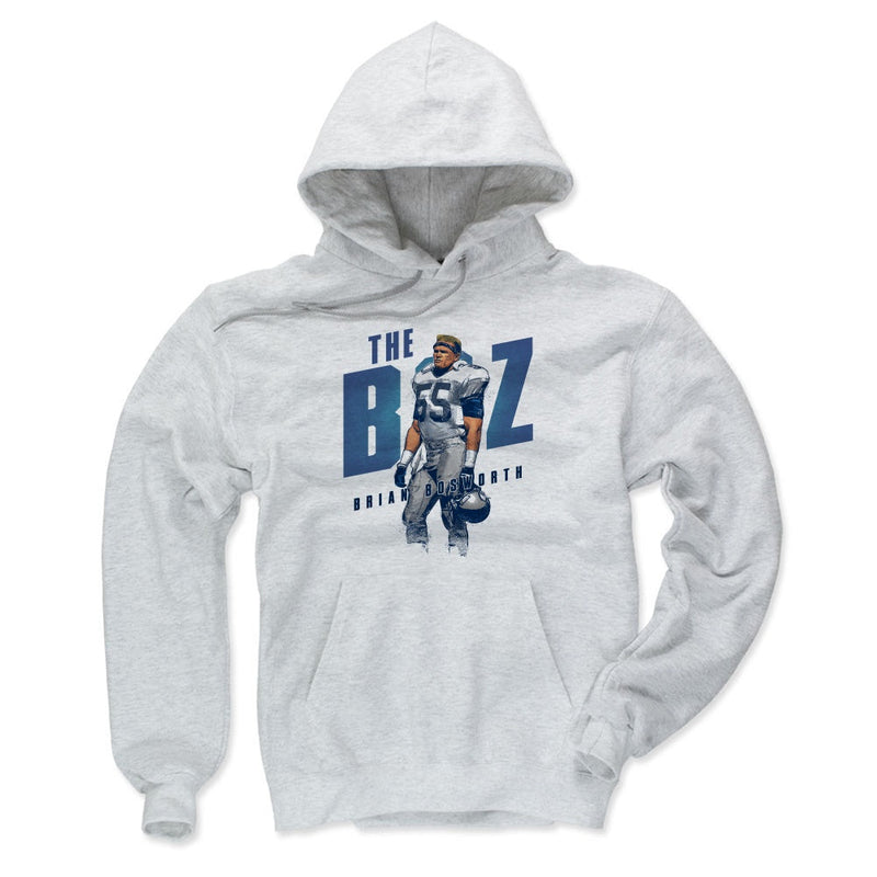 Ash gray hoodie featuring Brian Bosworth in a number 55 jersey with the text 'THE BOZ' behind him in large blue letters above his name.
