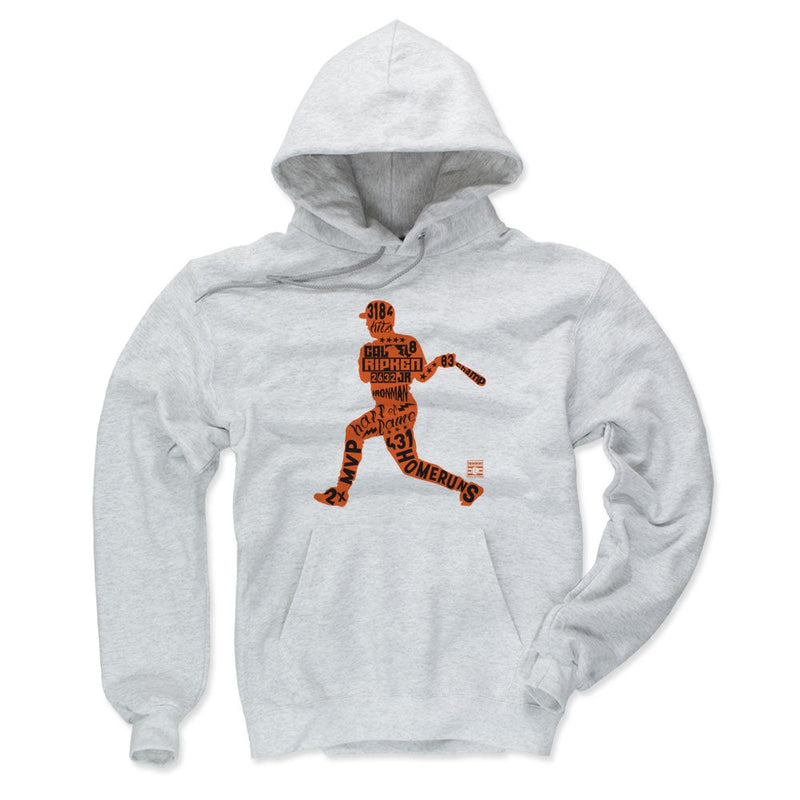 Ash gray hoodie featuring an orange baseball batter silhouette filled with black text, including 'Cal Ripken Jr.' across the chest.