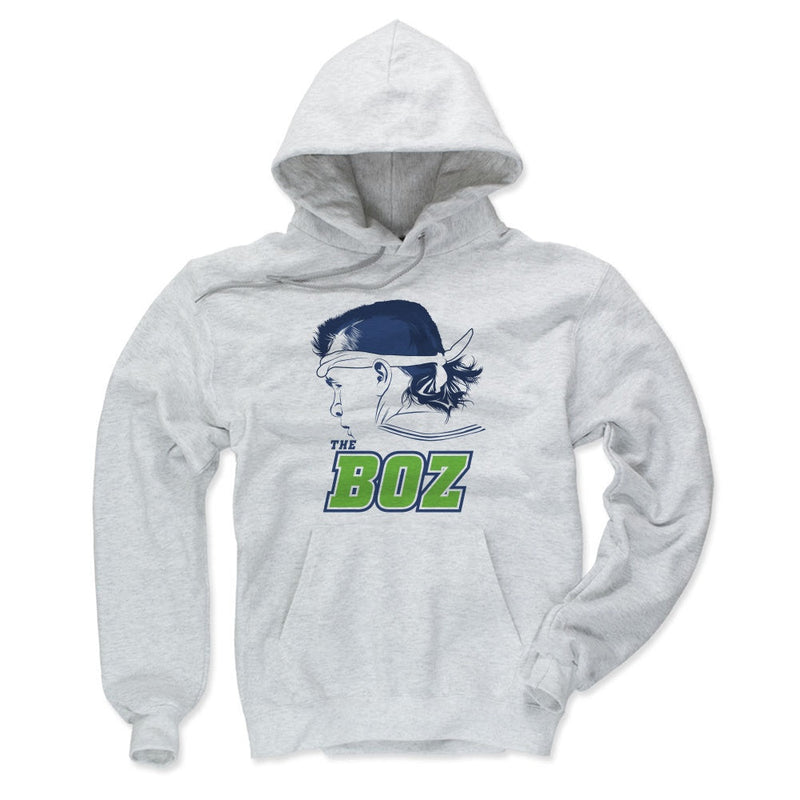 Ash gray hoodie featuring a navy profile silhouette of Brian Bosworth with the text 'THE BOZ' in green below it.