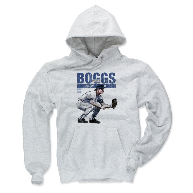 Ash gray version of the Wade Boggs Gold Glove New York hoodie, showing the same blue Boggs fielding illustration and text in a lighter gray tone.