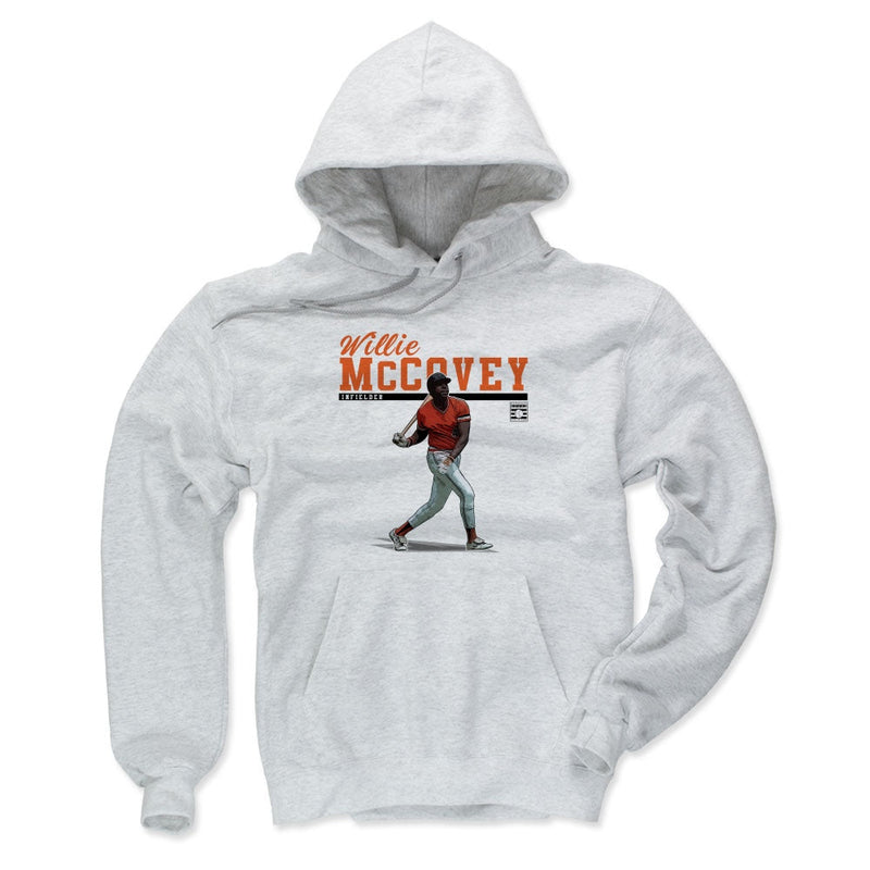 Ash gray version of the Willie McCovey hoodie, showing the same illustration of McCovey in a red jersey and orange text.