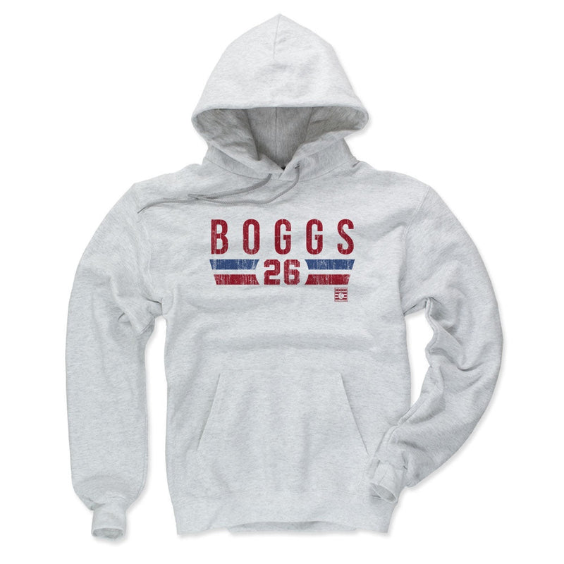 Ash gray hoodie featuring a Wade Boggs name and number design with the text 'BOGGS' and '26' in red above blue and red stripes.