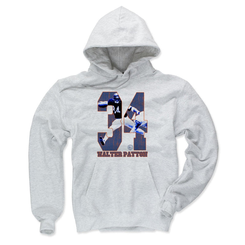 Ash gray version of the Walter Payton hoodie showing the same large number 34 design with action photos and the text 'WALTER PAYTON' below it.