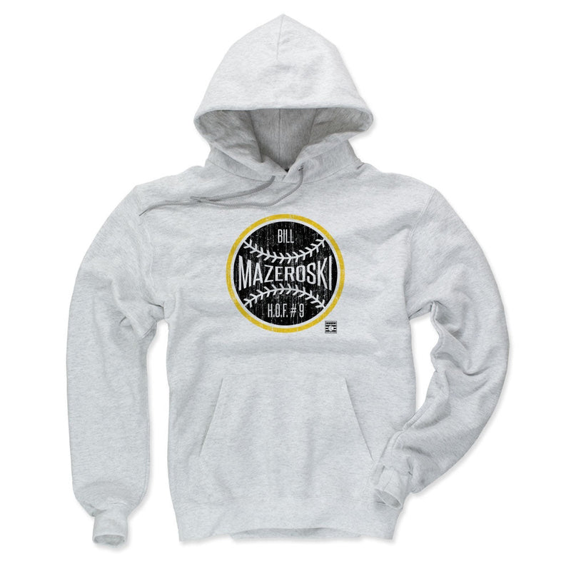 Ash gray hoodie featuring a black baseball graphic with a yellow ring and the text 'Bill Mazeroski' and 'H.O.F. #9' in white.