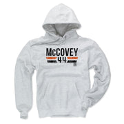 Front of light heather gray Willie McCovey hoodie showing the same black 'McCovey' and '44' design with orange and black stripes below.