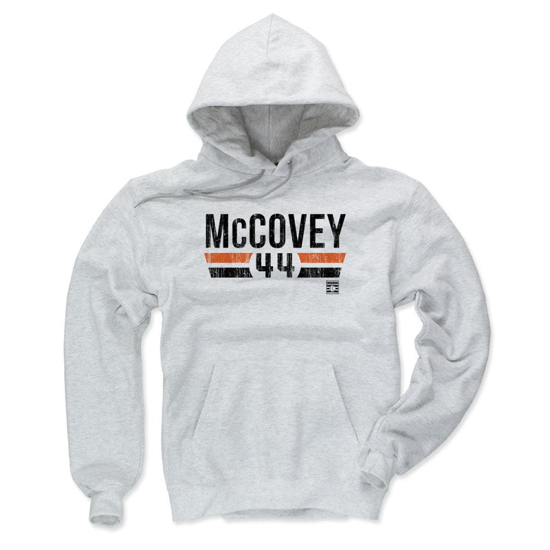 Front of light heather gray Willie McCovey hoodie showing the same black 'McCovey' and '44' design with orange and black stripes below.