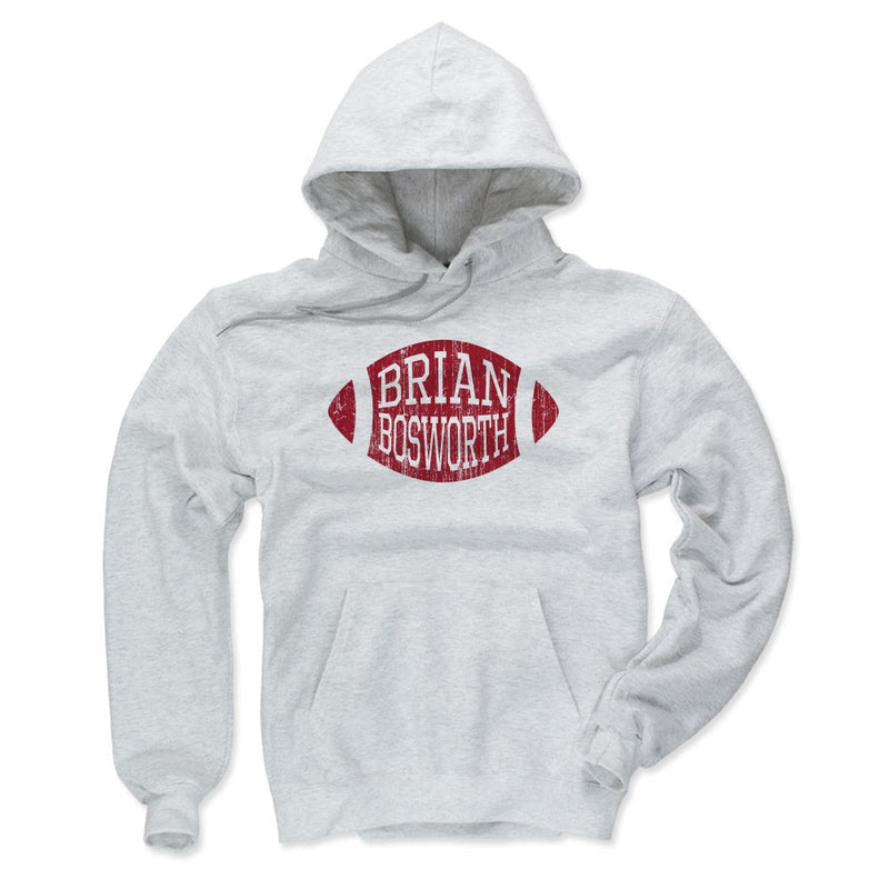 Light gray hoodie featuring a distressed red football graphic with the text 'BRIAN BOSWORTH' in gray inside it.