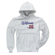 Ash gray hoodie featuring the script name 'Williams' in blue with the number '26' in red below it.