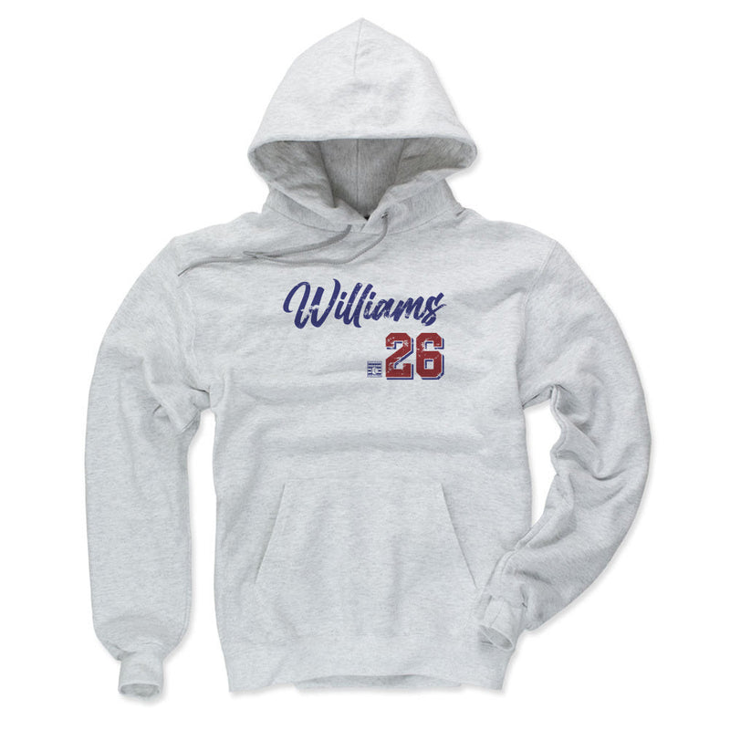 Ash gray hoodie featuring the script name 'Williams' in blue with the number '26' in red below it.