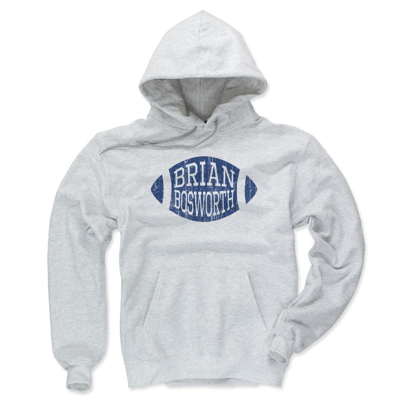 Ash gray hoodie featuring a distressed blue football graphic with the text 'BRIAN BOSWORTH' in white inside it.