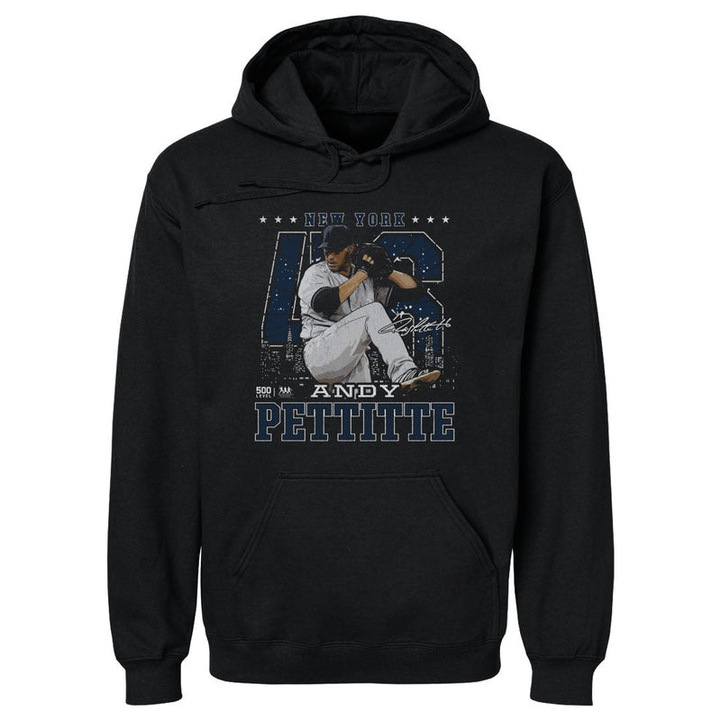 Black hoodie featuring Andy Pettitte mid-pitch in a gray New York uniform with the text 'NEW YORK' in blue above and 'ANDY PETTITTE' below.