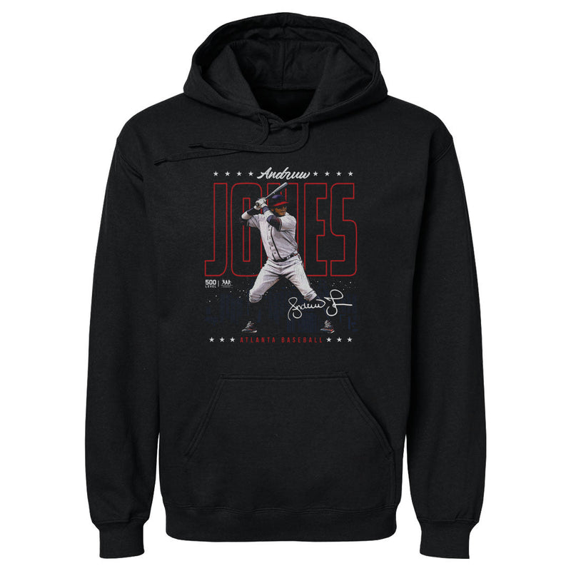 Black hoodie featuring Andruw Jones batting and 'Andruw Jones' in white script and red outlined block letters and 'Atlanta Baseball' in red below.