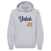 Heather gray pullover hoodie featuring the name 'Yelich' in distressed navy script with the number 22 in gold below it.