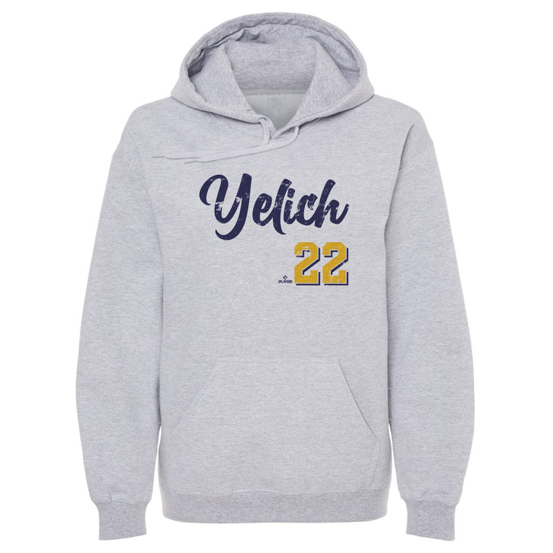 Heather gray pullover hoodie featuring the name 'Yelich' in distressed navy script with the number 22 in gold below it.