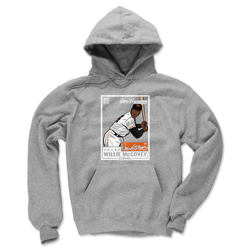 Heather gray hoodie featuring a Willie McCovey baseball card illustration with the text 'WILLIE McCOVEY' in gray below it.